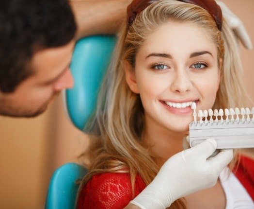 Woman's smile compared with dental bonding shade option