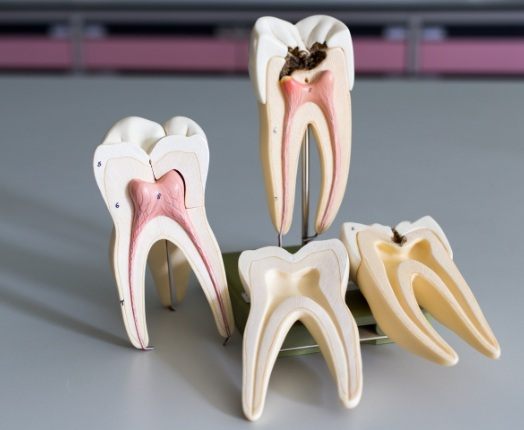 Model of the inside of health tooth compared to model tooth in need of root canal therapy