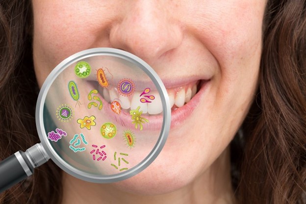 Oral bacteria under magnifying glass.